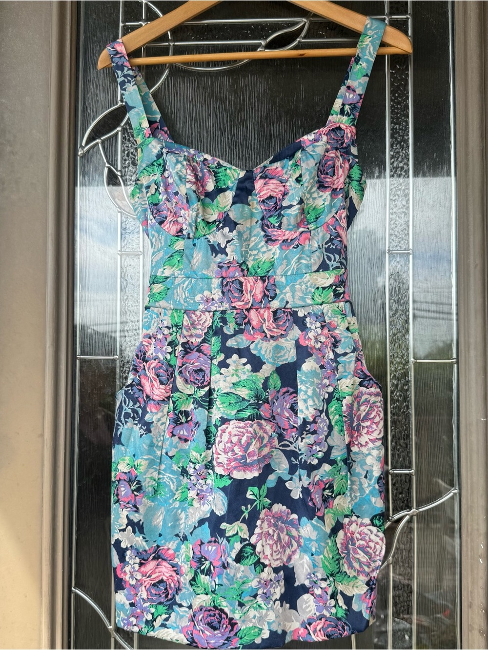 Vintage Floral Navy Sundress with Pink & Teal Blooms